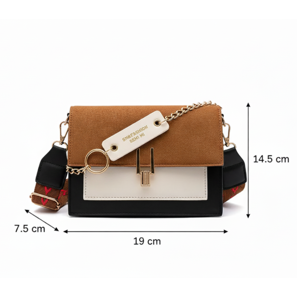 Color-block bag with clear label text